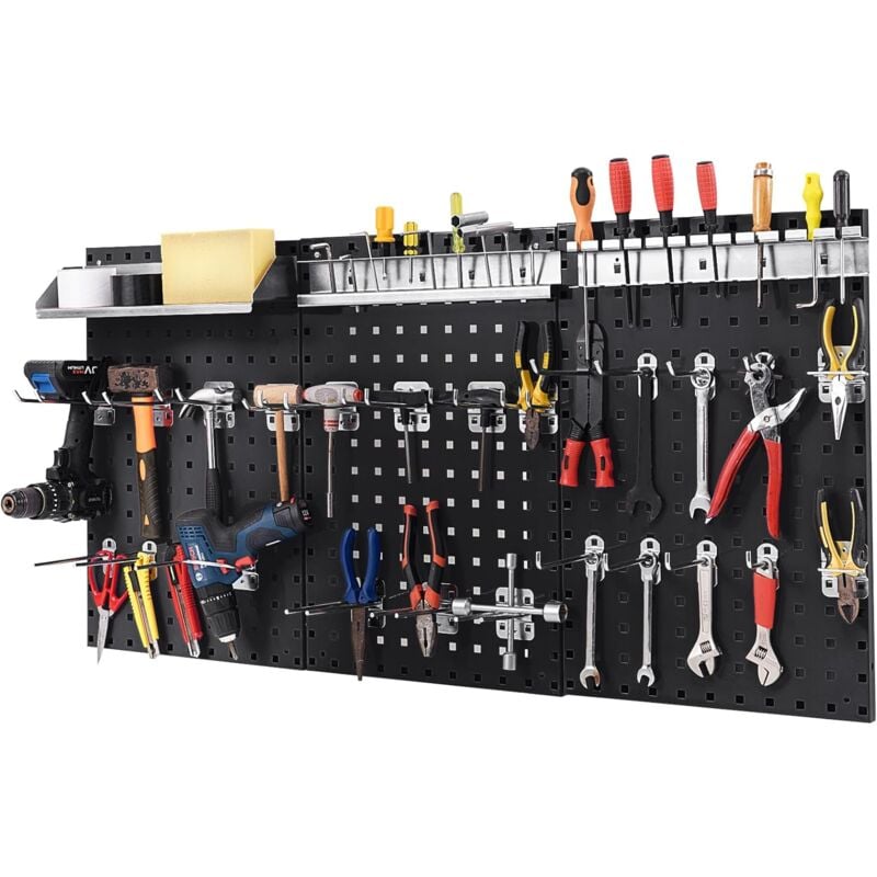 Organiseur Mural en Panneau Perforé, Kit de Rangement d'Outils en Métal avec 3 Panneaux Perforés 28 Accessoires de Suspension, Porte-outils Fixé au