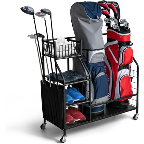 COSTWAY Organizer per Sacca da Golf per Garage, Carrello per 2 Borse da Golf con Ruote Bloccabili, Ganci e Tasche Porta Mazze da Golf, Organizer per Accessori da Golf e Attrezzature Sportive