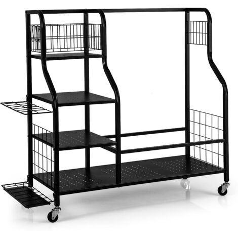 COSTWAY Organizer per Sacca da Golf, Supporto per 2 Borse da Golf con Extra Scaffale di Stoccaggio per Mazze da Golf, 6 Ganci Rimovibili e 4 Ruote per Garage e Club
