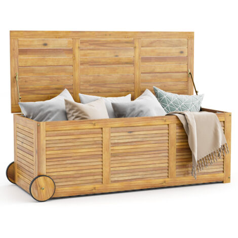 COSTWAY Outdoor Storage Box 180L Acacia Wooden Patio Storage Deck Box with 2 Wheels