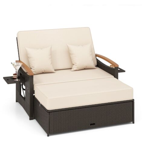 COSTWAY Outdoor Sun Lounger Daybed Rattan Woven Loveseat Ottoman Set Adjustable Backrest