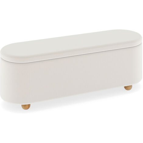 COSTWAY Oval Storage Bench 139cm Flip Top Upholstered Footrest Rubber Wood Legs 450KG Capacity White