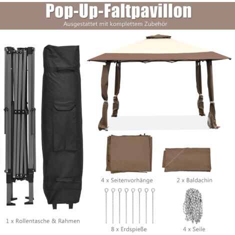 COSTWAY Pabellón de 3.95 M x 3.95 M, Gazebo con Techo de 2 Niveles, Tela Oxford Recubierta de Plata y Acero Recubierto de Polvo, 3 Alturas Ajustables, Ideal para Patio, Playa y Parque, Café