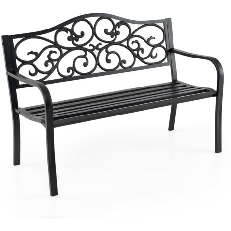 COSTWAY Panca da Giardino in Metallo Vintage, Panchina da Esterno con Schienale Decorato, Panchina da Giardino 2-3 Posti per Cortile e Terrazza, 128 x 62 x 89 cm, Nero