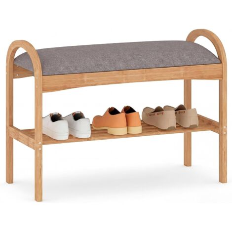 COSTWAY Panca Porta Scarpe in Bambù con Cuscino, Contenitore, 2 Livelli, 70x31.5x51cm