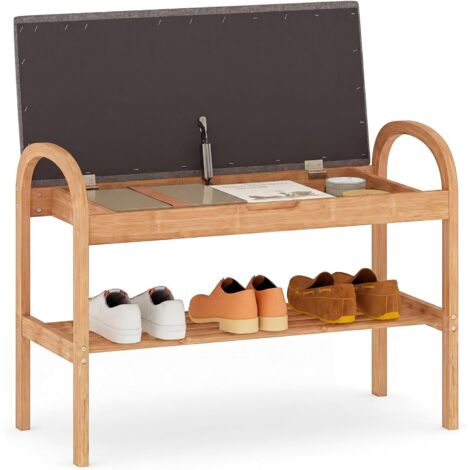 COSTWAY Panca Porta Scarpe,Scarpiera con Cuscino in Bambù con 2 Livelli con Ripiano,70x31,5x51 cm
