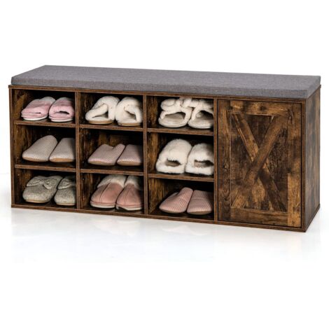COSTWAY Panca Scarpiera da Ingresso, Scarpiera con Seduta Imbottito, 9 Scomparti e Armadio con Ante, Panca Contenitore con Ripiani Regolabili, per Camera da Letto Corridoio, 110,5x30x49 cm (Marrone)
