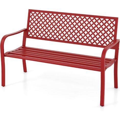 COSTWAY Panchina da Esterno, Panca da Giardin in Metallo con Schienale Traforato, Sedile a Doghe e Braccioli, Panchina Moderna per Cortile, Terrazzo e Giardino, Portata 300 kg (Rosso)