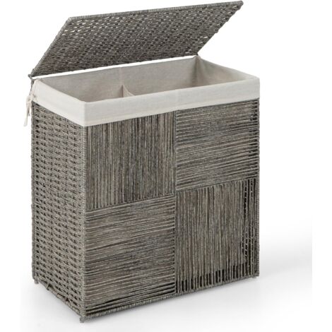 COSTWAY Panier à Linge avec Couvercle, 2 Compartiment, Corbeille à Linge Tressé, 110 L, Bac a Linge Pliable, Sac à Doublure Amovible, Meuble Linge Sale pour Buanderie, Salle de Bain