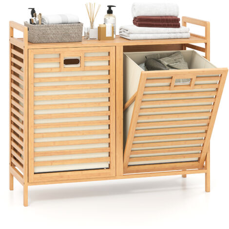 Costway – Panier à linge en bambou 75 L – 2 compartiments amovibles – Étagère supérieure pour détergents – Design à lattes pour ventilation