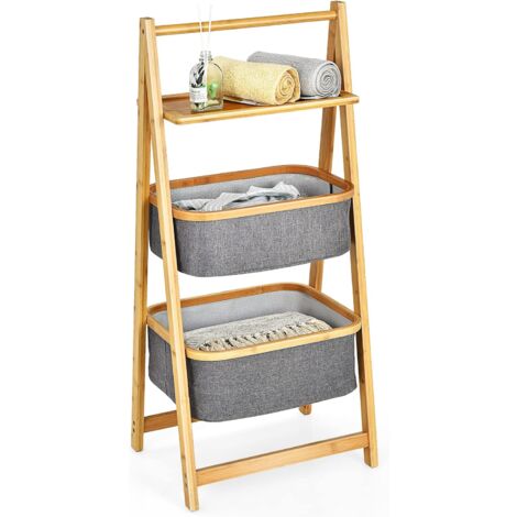 COSTWAY Panier à Linge en Bambou, Corbeille à Linge en Forme de A avec Étagère et 2 Paniers de Rangement, pour Salle de Bain, Chambre, Buanderie, Salon (44 x 34 x 98 cm)
