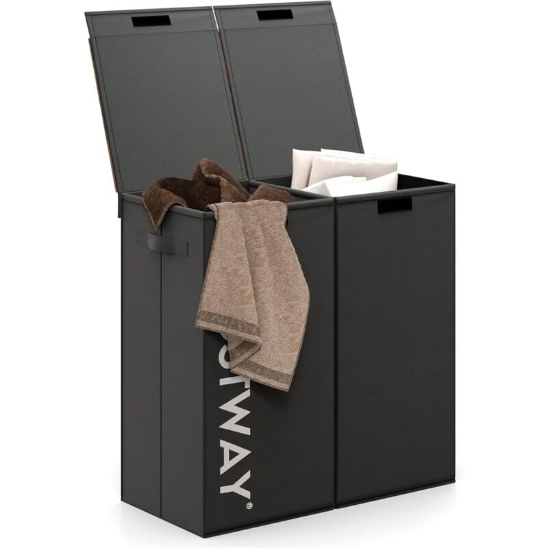 Panier a Linge Sale 2 Compartiments, Corbeille a Linge 105 l, 2 Sacs Doublure Amovibles, Plateaux en mdf, Poignées, Bac a Linge pour Salle de Bain,