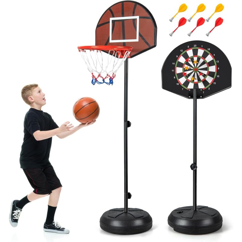 Panier de Basket-Ball 2 en 1 Hauteur Réglable 130/180cm avec Cible de Fléchettes, Panneau Arrière Double Face 6 Fléchettes Base Remplissable,