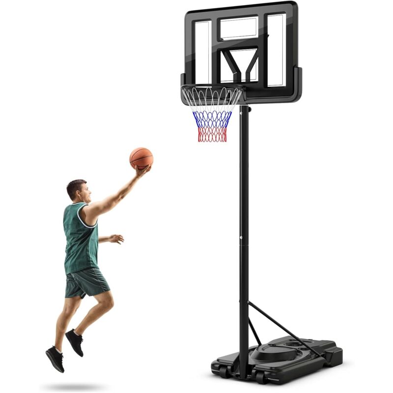 Panier de Basket-Ball sur Pied avec Hauteur Réglable à 12 Niveaux 232-305 cm, Ensemble de Basketball avec Roues Panneau Arrière Incassable Rangement