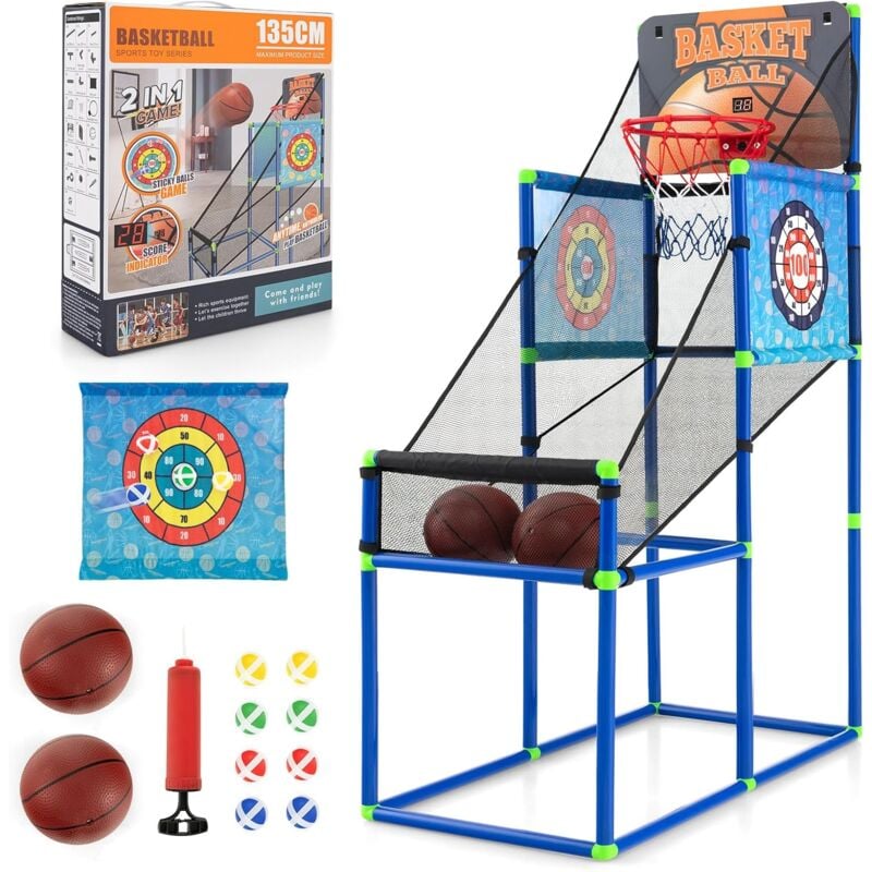Panier de Basketball 2 en 1 avec 2 Cibles en Tissu à Balles Adhésives, Jeu d'Arcade avec Système de Pointage et Effet Sonore, 2 Ballons de Basket
