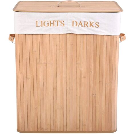 COSTWAY Panier ? Linge 105L Bambou Naturel2 Compartiments en Tissu Panier de rangement pour Les V?tements