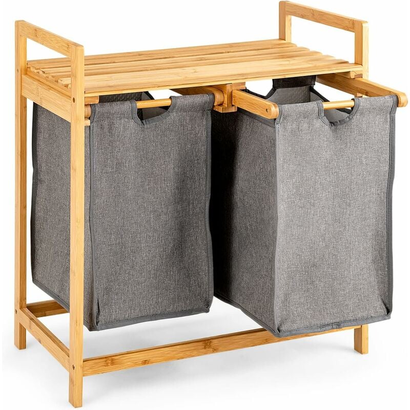 Panier à Linge en Bambou, Étagère Salle de Bain avec 2 Sacs à Linge Sale 64 x 33 x 73 cm - Costway
