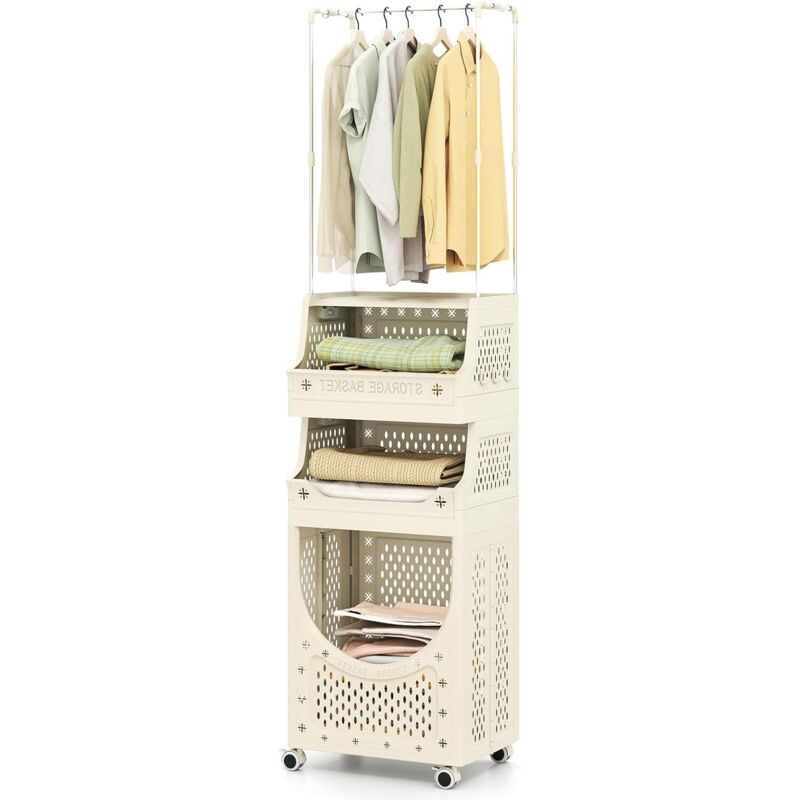 COSTWAY Panier Linge Pliable 4 Niveaux avec Cintre, Bac Linge Sale Plastique a roulettes Verrouillables, 21L+21L+40L, 8 Crochets Amovibles, pour
