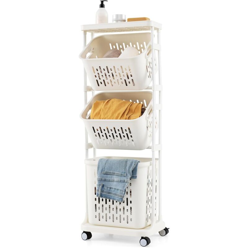Panier Linge Sale 3 Compartiment, Bac à Linge à Roulettes Verrouillables, Meuble Linge Sale, Panier a Linge Amovible avec Poignée pour Salle de Bain,