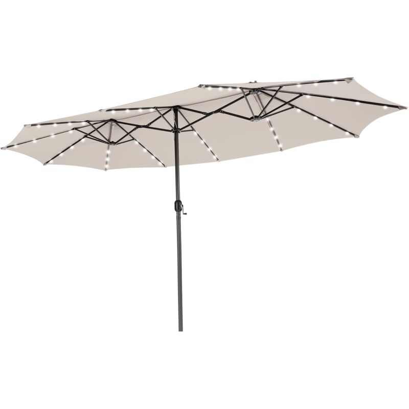 Costway - Parasol de Jardin Double 470 x 280 cm avec 48 led à Énergie Solaire, Parasol Extra Large avec Manivelle, Parasol Jumeau avec Évents et
