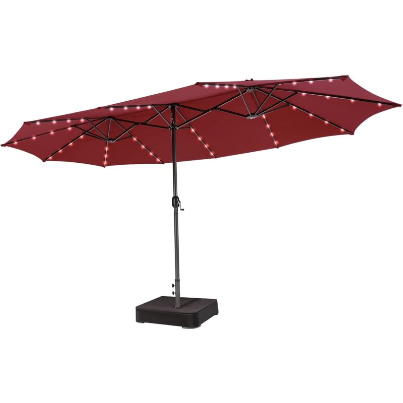 Parasol de Jardin Double 470 x 280CM avec 48 led à Énergie Solaire, Parasol Extra Large avec Manivelle et Base Robuste, Parasol Jumeau avec Panneau