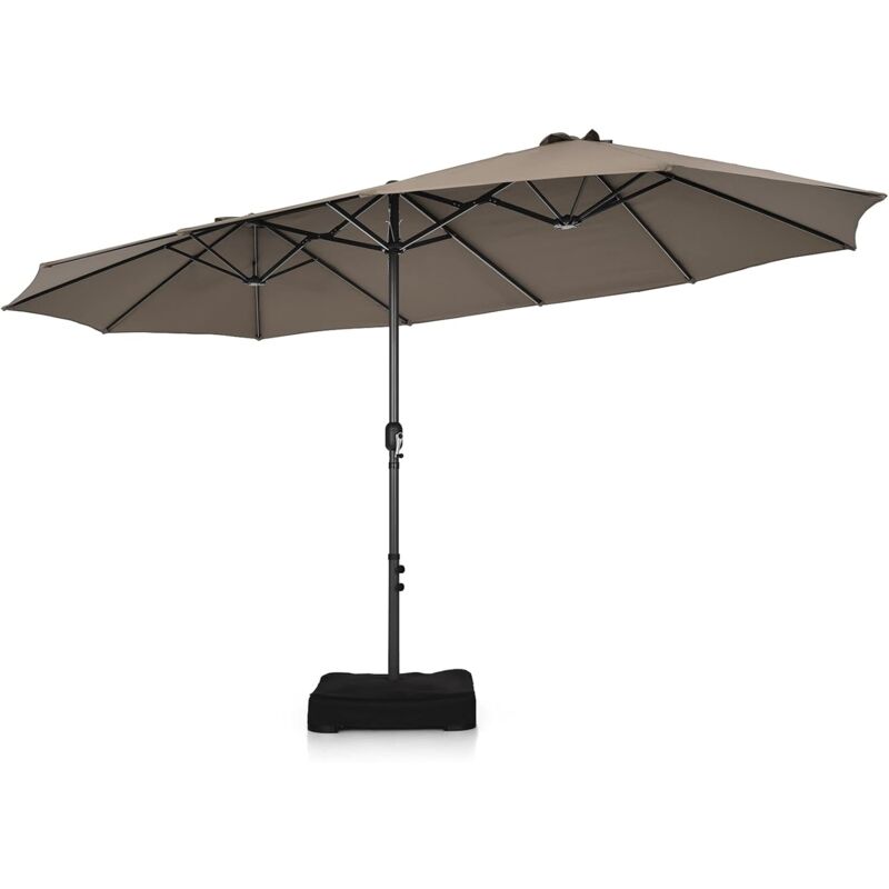 Parasol de Jardin Double xxl 460x270 cm Base en Croix Renforcée 2 Sacs de Sable Manivelle Poteau Métal Toile Polyester café - Costway