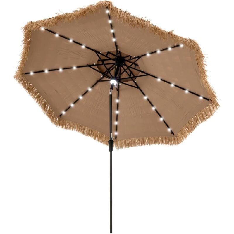 Parasol de Jardin Exterieur ø 286 cm, Parasol Plage en 9 Couches Paille, 32 Lumières led Solaire, Inclinaison et Manivelle, 8 Baleines, Parasol
