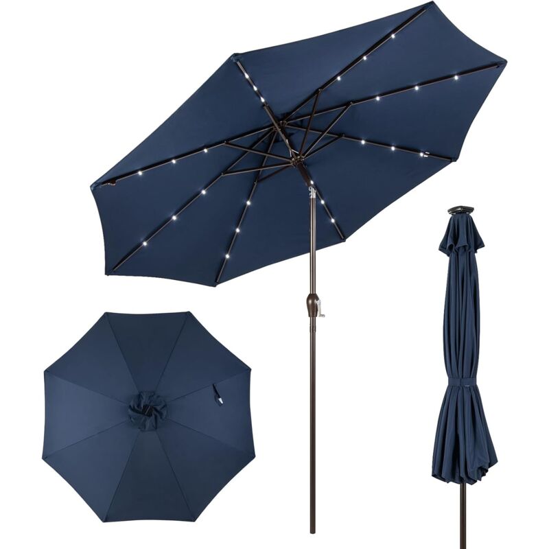 Parasol de Jardin Extérieur ø 300 cm, Parasol Inclinable Lumineux Solaire avec 24 led, Parasol Droit avec Manivelle et 8 Baleines Métalliques