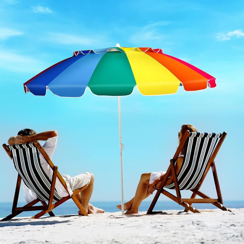 Parasol de Plage Inclinable 2,45 m Protection upf 50+ Baleines en Fibre de Verre avec Sac Pied Amovible Arc-en-Ciel - Costway