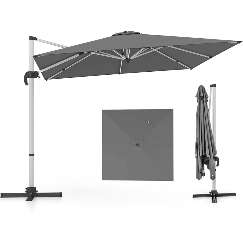 Parasol Déporté 3x3M, Parasol de Jardin Carré avec Base en Croix, Parasol Inclinable avec 5 Angles et Hauteurs Réglables, Parasol Excentré Rotatif à