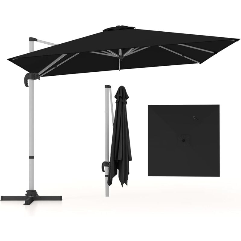 Parasol Déporté 3x3M, Parasol de Jardin Carré avec Base en Croix, Parasol Inclinable avec 5 Angles et Hauteurs Réglables, Parasol Excentré Rotatif à