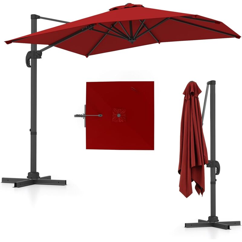 Parasol Déporté Carré 2,4 x 2,4 m, Parasol de Jardin Extérieur Rotatif 360° - 5 Inclinaisons Réglables, 8 Baleines Résistantes, Pied en Croix, pour