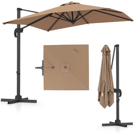 COSTWAY Parasol Déporté Carré 2,4 x 2,4 m, Parasol de Jardin Extérieur Rotatif 360° - 5 Inclinaisons Réglables, 8 Baleines Résistantes, Pied en Croix, pour Terrasse, Patio, Balcon (Marron)