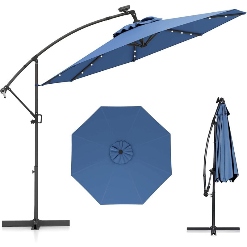 Costway - Parasol Déporté Excentré 3M, 32 led Solaire, Inclinable et Rotation à 360°, 8 Baleines, Base Croisée, Parasol à Manivelle pour Jardin