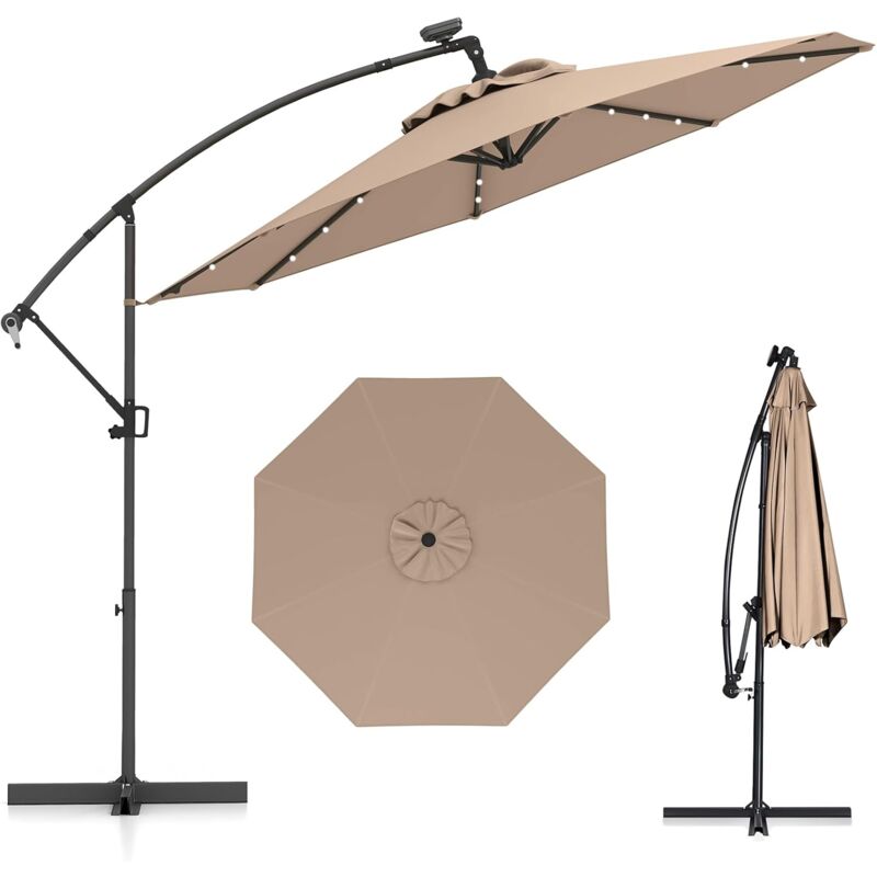 Costway - Parasol Déporté Excentré 3M, 32 led Solaire, Inclinable et Rotation à 360°, 8 Baleines, Base Croisée, Parasol à Manivelle pour Jardin