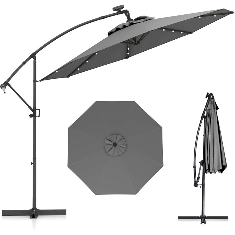 Costway - Parasol Déporté Excentré 3M, 32 led Solaire, Inclinable et Rotation à 360°, 8 Baleines, Base Croisée, Parasol à Manivelle pour Jardin