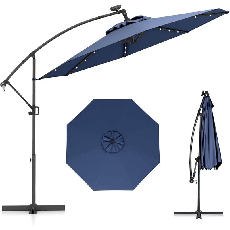 Costway - Parasol Déporté Excentré 3M, 32 led Solaire, Inclinable et Rotation à 360°, 8 Baleines, Base Croisée, Parasol à Manivelle pour Jardin