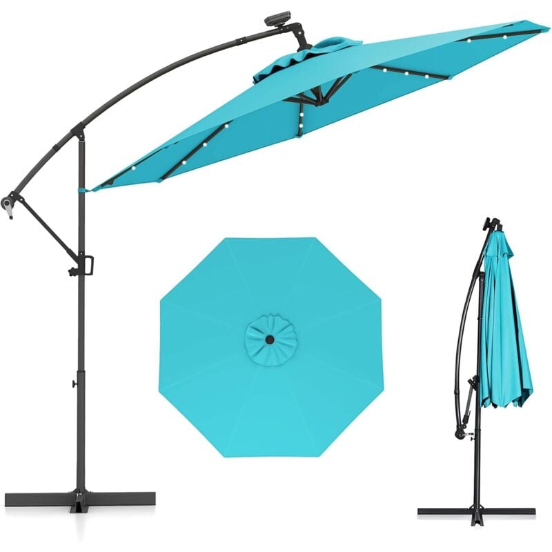 Parasol Déporté Excentré 3M, 32 led Solaire, Inclinable et Rotation à 360°, 8 Baleines, Base Croisée, Parasol à Manivelle pour Jardin Extérieur,