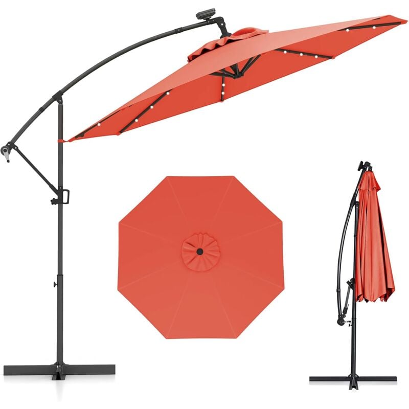 Costway - Parasol Déporté Excentré 3M, 32 led Solaire, Inclinable et Rotation à 360°, 8 Baleines, Base Croisée, Parasol à Manivelle pour Jardin