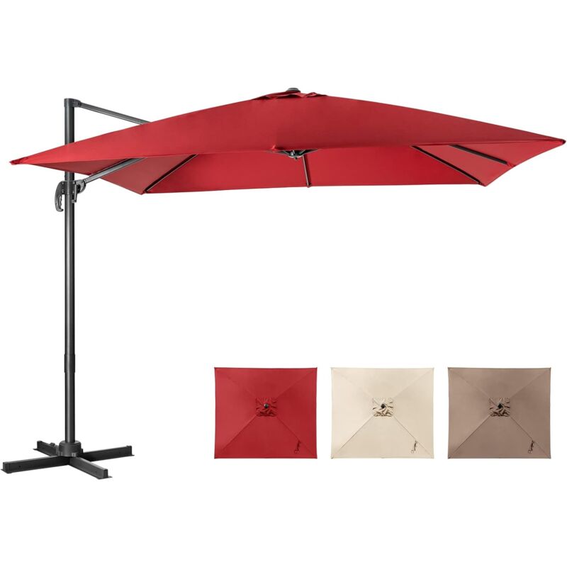 Parasol Déporté Inclinable 3x3M avec Base Croisée Rotatif à 360°,Manivelle,8 Baleines,Event pour Jardin,Terrasse,Vin-Rouge - Costway
