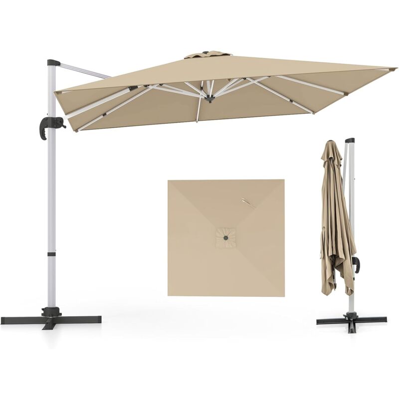 Parasol Déporté Carré 3M avec Base en Croix Poteau en Aluminium Rotatif à 360° Manivelle Inclinable 8 Baleines Beige - Costway