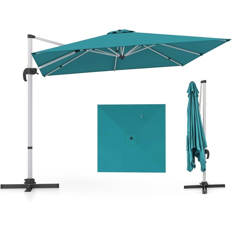 Parasol Déporté Carré 3M avec Base en Croix Poteau en Aluminium Rotatif à 360° Manivelle Inclinable 8 Baleines Bleu - Costway