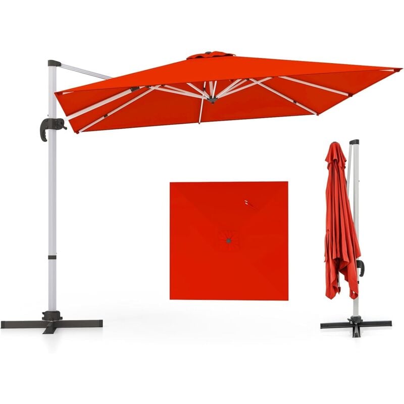 Parasol Déporté Carré 3M avec Base en Croix Poteau en Aluminium Rotatif à 360° Manivelle Inclinable 8 Baleines Orange - Costway