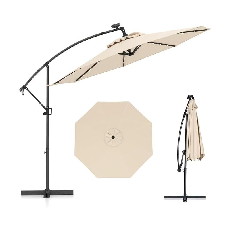 COSTWAY Parasol Déporté Exterieur Lumières LED Solaires 3M, Parasol de Marché à 8 Côtes en Aluminium, Réglages d'Inclinaison Rotation, Manivelle,