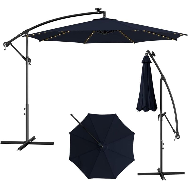 Parasol Déporté Inclinable 3M,112 Lumières led, Panneau Solaire,Base Croisée Manivelle,Verrou de Sécurité, 303x243,5cm Marine - Costway