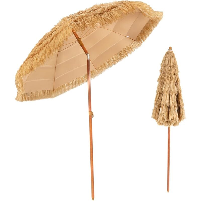 Parasol Inclinable de Paille 1,75M--Protection Solaire upf 30+, Inclinable sur 30°/Style Hawaïen pour Plage de sable/Jardin/Terrasse/Plage Beige