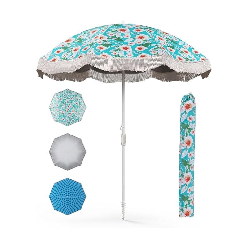 Costway - Parasol Plage 200 cm avec Franges, Parasol de Jardin Extérieur Inclinable, Parasol Plage Pliable Compact, Tissu en Revêtement Argenté, Pied