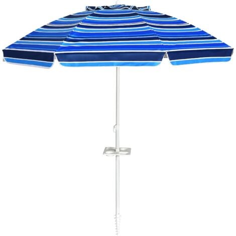 COSTWAY Parasol Pliable 2,2M Mécanisme Inclinable 30° avec Porte-Gobelet Fixation pour Sable Protection UPF50+ Portable Extérieur Bleu foncé/Arc-en-Ciel/Bleu