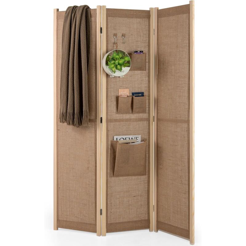 Paravent Interieur 3 Panneaux 121 x 170 cm, Separateur de Pieces Pliable, Lin Synthétique, 4 Sacs de Rangement, 2 Crochets, Closion de Separation