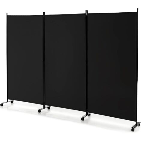 COSTWAY Paravent Intérieur à 3 Panneaux Pliable Détachables 262x180cm, Cloison de Séparation à 8 roulettes Cadre en Fer Fibre de Polyester, Facile à Déplacer et à Assembler Noir